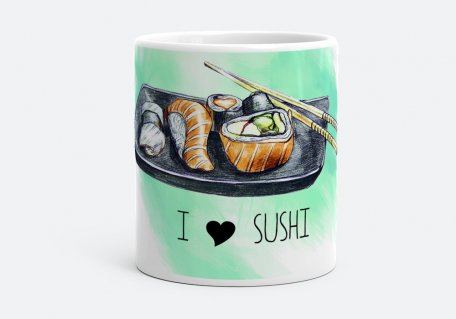 Чашка Суши с палочками на бирюзовом фоне с надписью