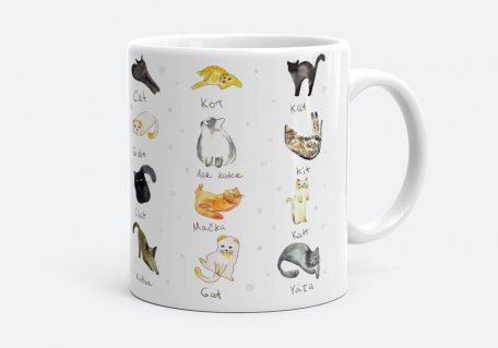 Чашка Симпатичные забавные кошки. Кошка на разных языках.