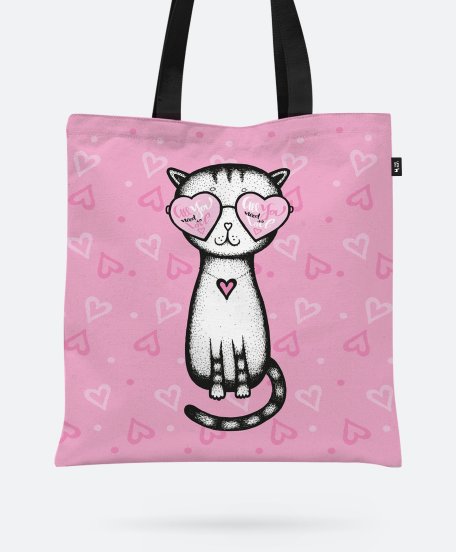Авоська All you need is love - cat glasses heart on a pink background - Valentine's Day