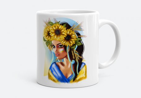 Чашка Українська жінка з національним прапором з пшеницею та квітами