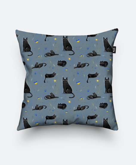 Подушка квадратна Забавні чорні коти з намальованими елементами в мультяшному стилі