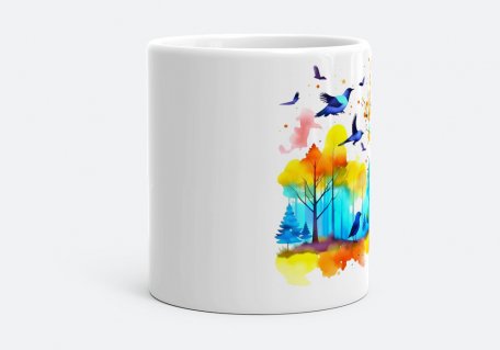 Чашка Полёт птиц над лесом - акварельная картина
