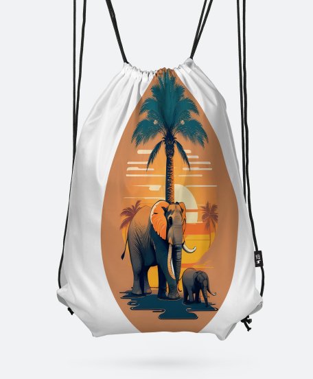 Рюкзак Семейное счастье - Слон и его детеныш перед пальмой на фоне заката