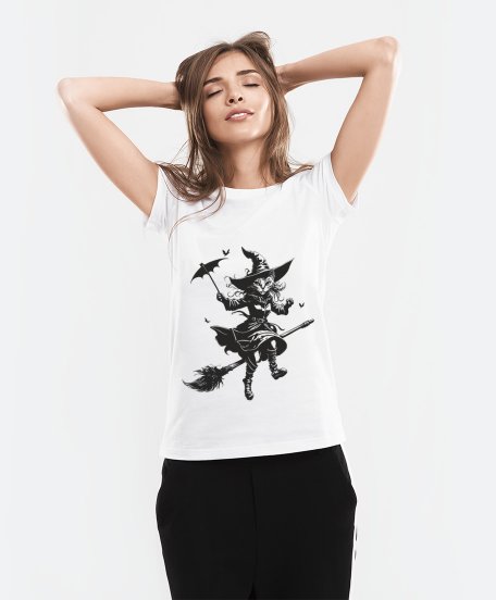 Жіноча футболка Кішка-відьма на мітлі