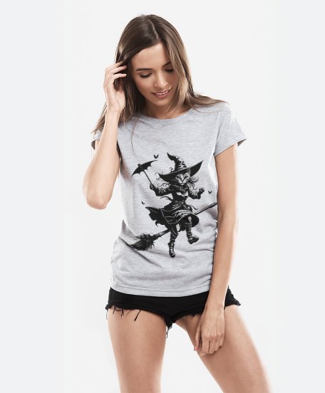 Жіноча футболка Кішка-відьма на мітлі