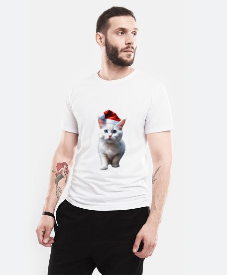 Чоловіча футболка Новий рік, білий котик
