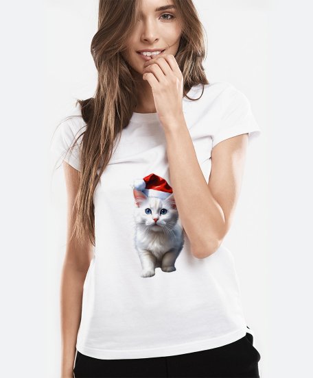 Жіноча футболка Новий рік, білий котик