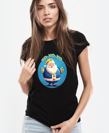 Жіноча футболка Новорічний Санта жовто блакитний з Тризубом