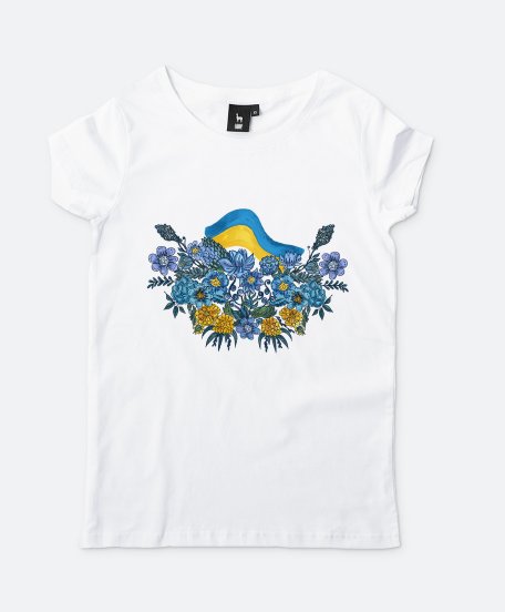 Жіноча футболка "Синьо-жовті відтінки серед квітів"