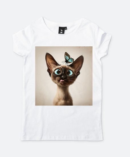 Жіноча футболка Орієнтальна Сіамська Кішка з Метеликом
