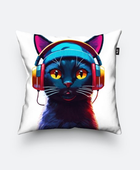 Подушка квадратна темно-синій кіт у навушниках і капелюсі з жовтими очима