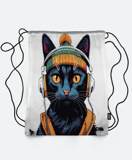 Рюкзак Симпатичний чорний кіт у білих навушниках і шапці з жовтими очима.