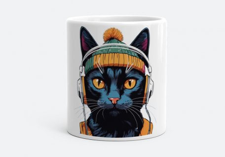 Чашка Симпатичний чорний кіт у білих навушниках і шапці з жовтими очима.