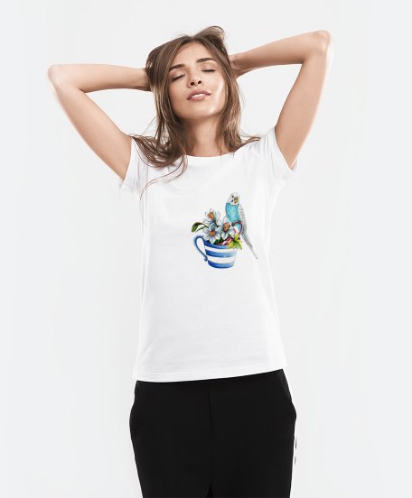 Жіноча футболка Хвилястий папуга в чашці з квітами
