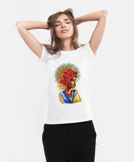 Жіноча футболка Українська жінка з національним прапором з пшеницею та квітами