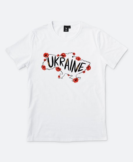 Чоловіча футболка Карта України з червоними маками та текстом англійською Ukraine