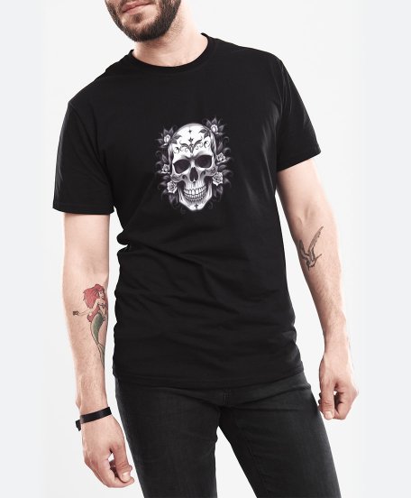 Чоловіча футболка Чорно-білий череп з трояндами