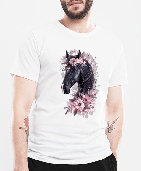 Чоловіча футболка Кінь з рожевими квітами 
