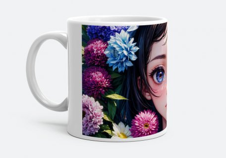 Чашка Дівчинка оточена безліччю квітів