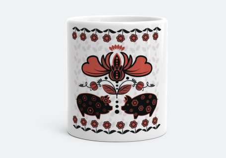 Чашка орнамент с двумя  свинками в традициях украинской народной росписи